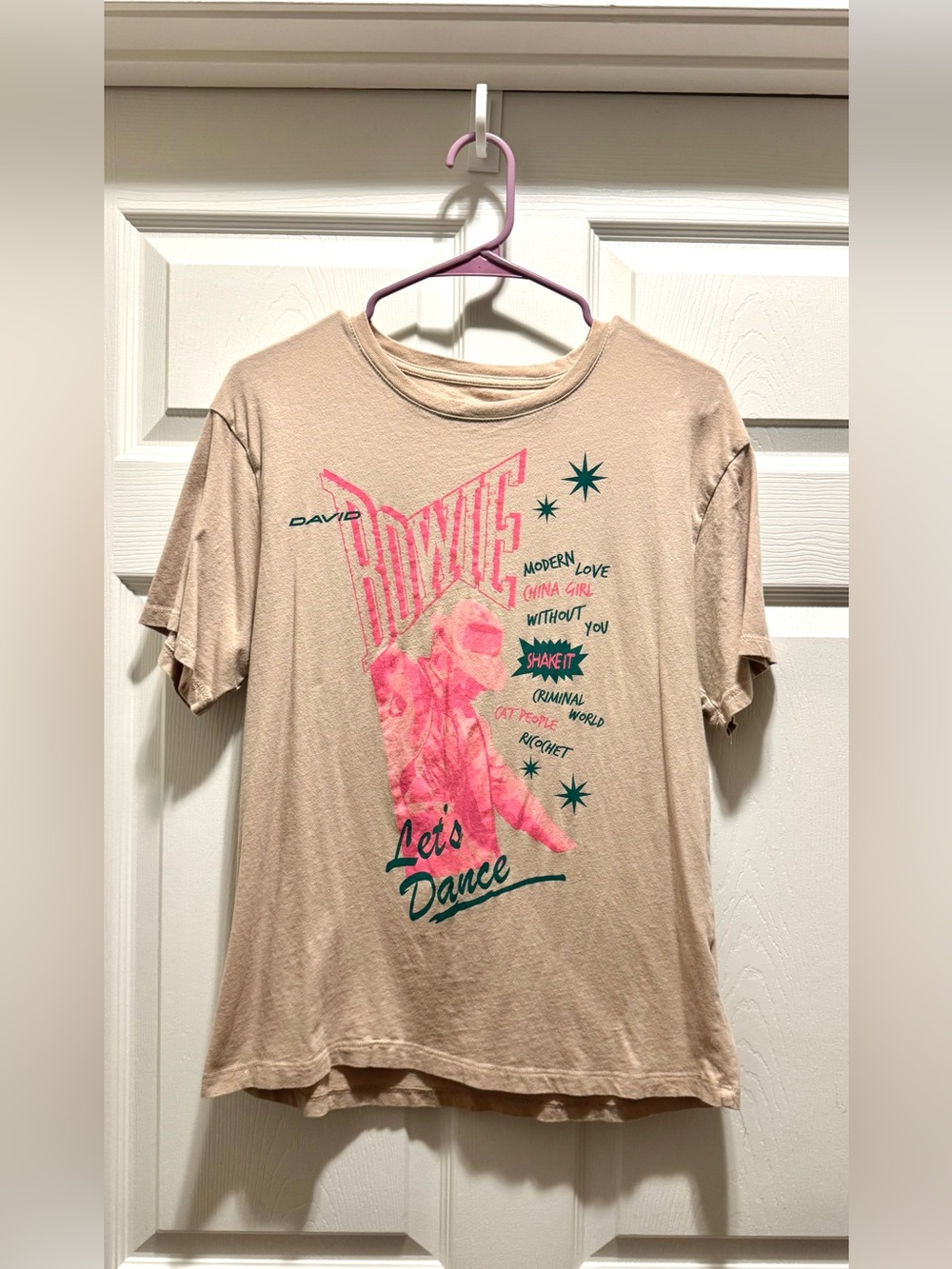 David Bowie 'Let's Dance' Graphic Tee - Beige with Pink & Teal Print